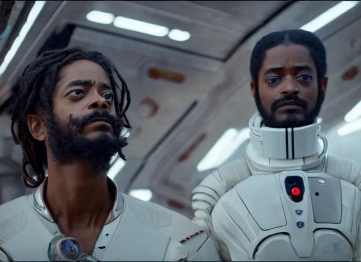 Prompt: first official image from paul thomas anderson's new space opera film starring lakeith stanfield and grimes. shot on alexa mini, stunning cinematography, filmgrain, kodak vision 2 0 0 t, shot composition