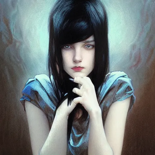Prompt: portrait of teenage girl with long glossy black hair, blue eyes, glowing skin, fashion model features, sinister, dark fantasy, intricate, elegant, black long-sleeved shirt, highly detailed, digital painting, artstation, concept art, smooth, sharp focus, illustration, art by Krenz Cushart and Artem Demura and alphonse mucha