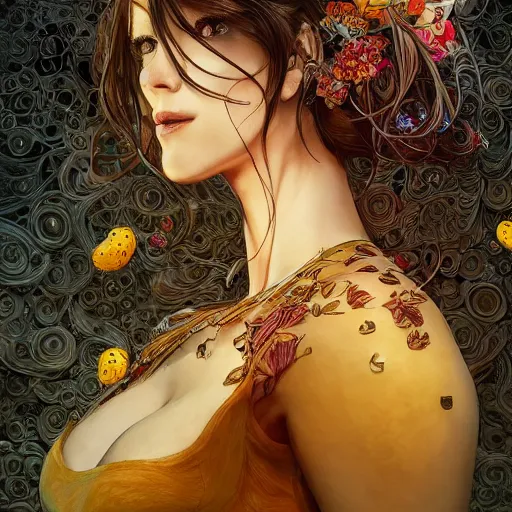 Image similar to the portrait of an absurdly beautiful, graceful, elegant, sophisticated, mature vixen made up of lemons looking up, an ultrafine hyperdetailed illustration by kim jung gi, irakli nadar, intricate linework, bright colors, octopath traveler, final fantasy, unreal engine 5 highly rendered, global illumination, radiant light, detailed and intricate environment