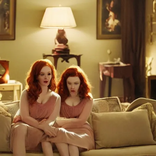 Image similar to a very surprised beautiful Christina Hendricks and her twin sister in the living room, film still from the movie directed by Denis Villeneuve with art direction by Salvador Dalí, wide lens