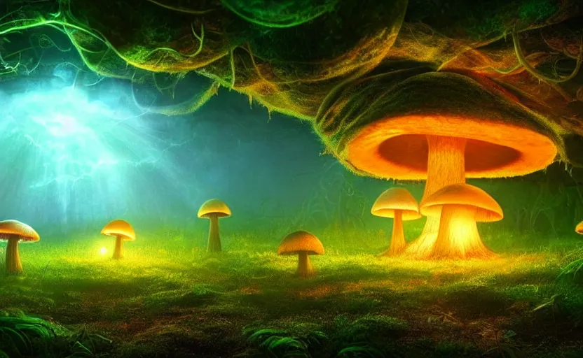 Prompt: a beautiful and stunning professional digital artwork of a glowing mushroom cave, haze, spores floating in the air, vines, night, volumetric lighting, hyperrealistic, rtx on, ultra detail