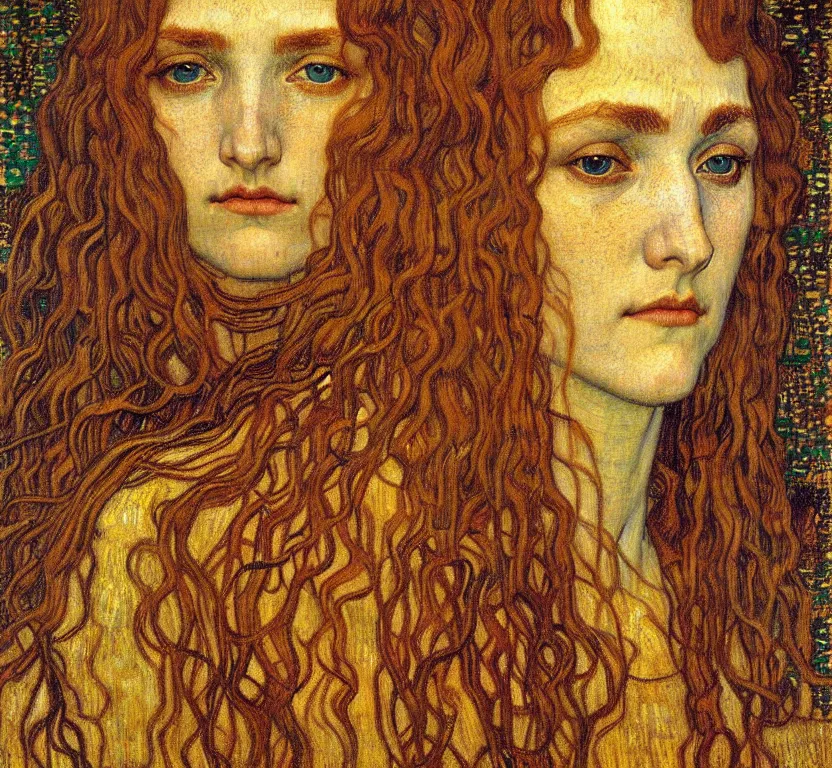 Image similar to detailed realistic beautiful young medieval queen face portrait by jean delville, gustav klimt and vincent van gogh, art nouveau, symbolist, visionary, gothic, pre - raphaelite, muted earthy colors, desaturated