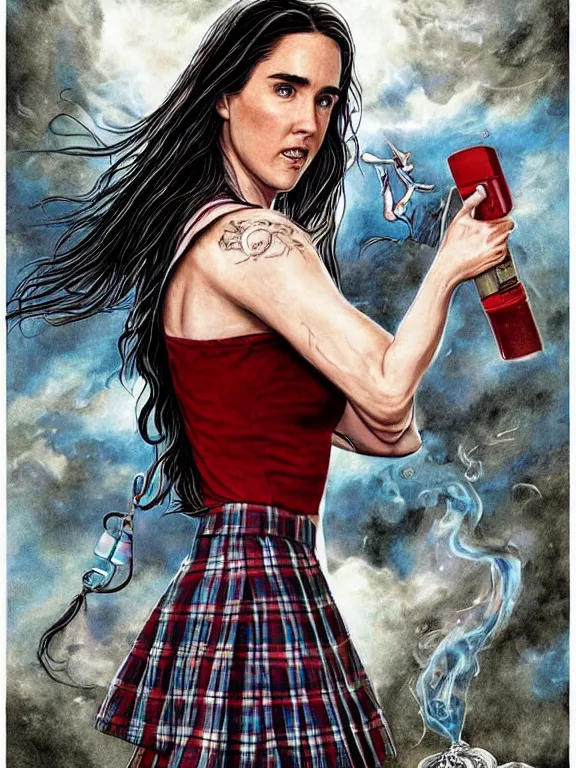 Image similar to full body ultra realistic air spray Jennifer Connelly is a teenage witch in Howards in a girls school uniform with a short tartan skirt, magic overlays glow around her , magic david's star pendant on her cleavage, mysterious tattoo in her shoulder, mystique, D&D, fantasy illustration, highly detailed, digital art, intricate, high detailed, painted by artgerm, guweiz, artstation, digital painting, character design, trending on artstation, smooth, sharp focus