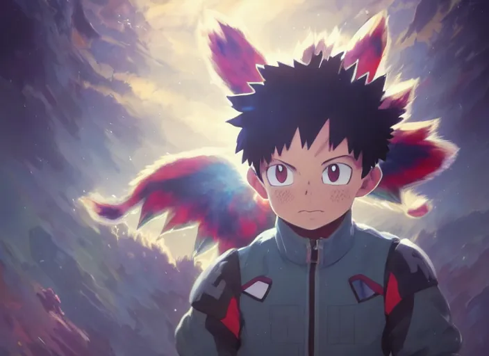 Image similar to highly detailed portrait of a pokemon, in my hero academia, stephen bliss, 8 k, unreal engine, fantasy art by greg rutkowski, loish, rhads, ferdinand knab, makoto shinkai and lois van baarle, ilya kuvshinov, rossdraws, tom bagshaw, global illumination, radiant light, detailed and intricate environment