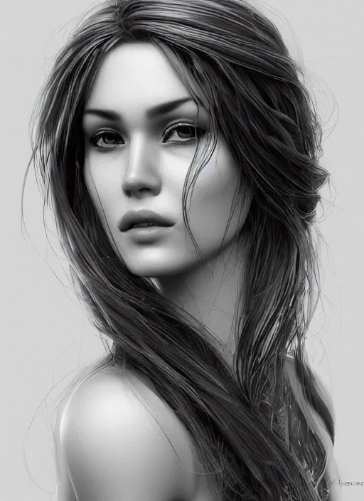 Image similar to up close portrait of a beautiful woman in black and white, photorealistic, intricate hair, art by diego fazio and diegoKoi and oscar Ukono, concept art, sharp focus, artgerm, 8k highly detailed