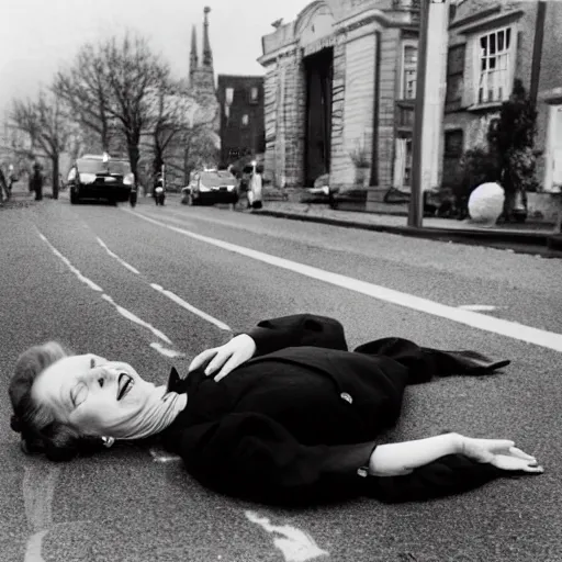 Prompt: margaret thatcher lying beneath a busy paved road