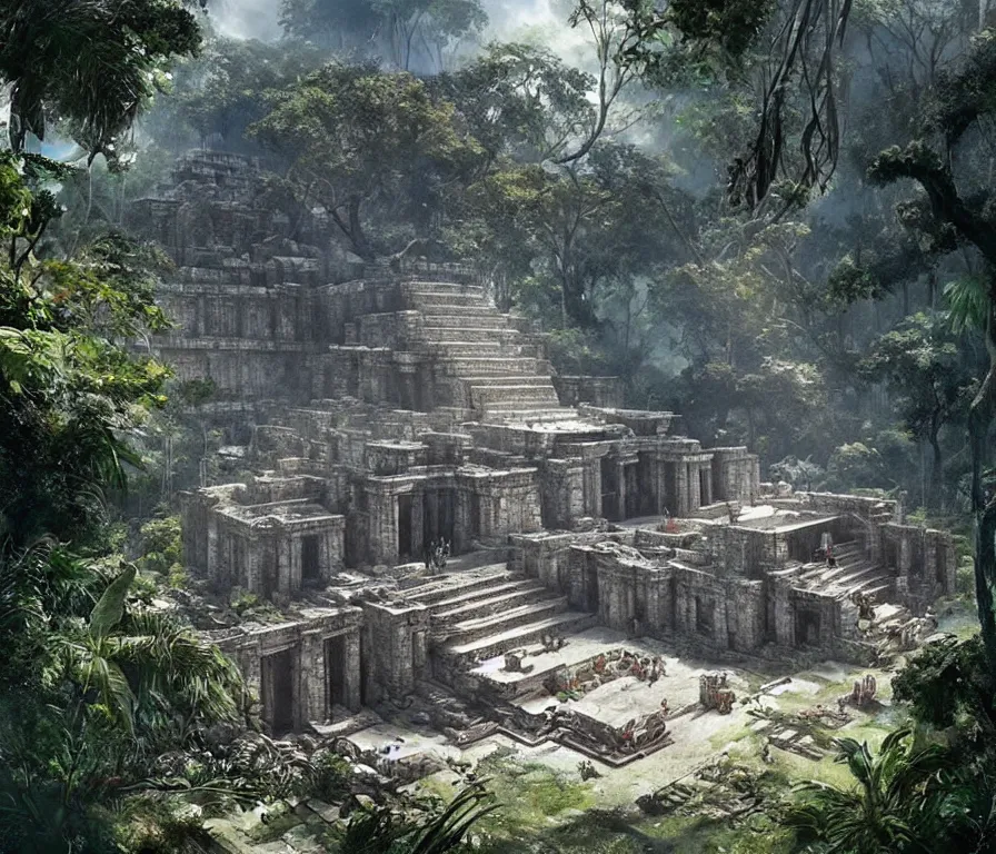 Image similar to a cinematic view of the beautiful ruins of a futuristic mayan temple in the jungle of yucatan, art by federico pelat and greg rutkowski and alejandro burdisio