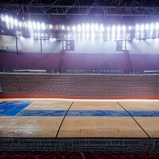 Image similar to Abandoned sports arena with the lights still on, rusty seats