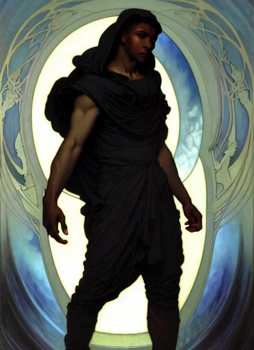 Image similar to awe-inspiring award-winning concept art nouveau painting of attractive young black man in a white hoodie angelic warrior figure, darkness, by Alphonse Mucha, Michael Whelan, William Adolphe Bouguereau, John Williams Waterhouse, and Donato Giancola, cyberpunk, fierce, extremely moody lighting, glowing light and shadow, atmospheric, shadowy, cinematic, diffuse lighting, fantasy, intricate, elegant, highly detailed, lifelike, photorealistic, digital painting, artstation, illustration, concept art, smooth, sharp focus, art by John Collier and Albert Aublet and Leonardo da vinci and Krenz Cushart and Artem Demura and Alphonse Mucha