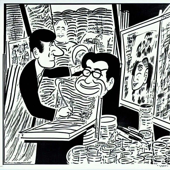 Image similar to a still frame from comic strip, artist at work 1 9 5 0, herluf bidstrup, new yorker illustration, monochrome contrast bw, lineart, manga, tadanori yokoo, simplified,