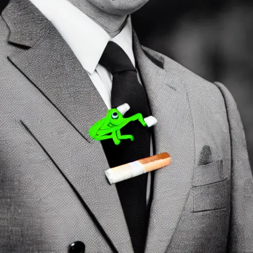 Image similar to a high detail closeup photograph of a 🐸 wearing a suit 👔,and smoking a cigarrette🚬, award wining photograph