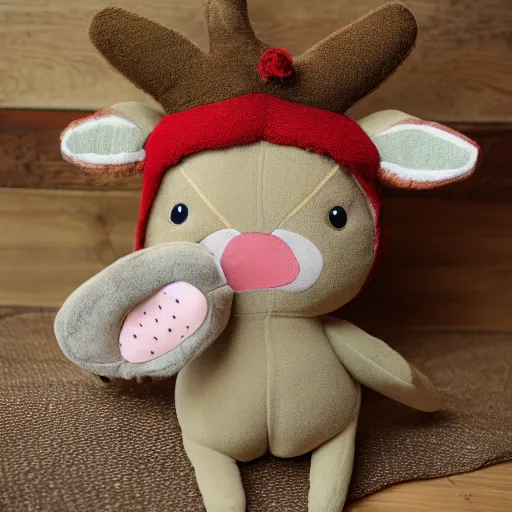 Image similar to a portrait of a cute deer plush doll with forest background