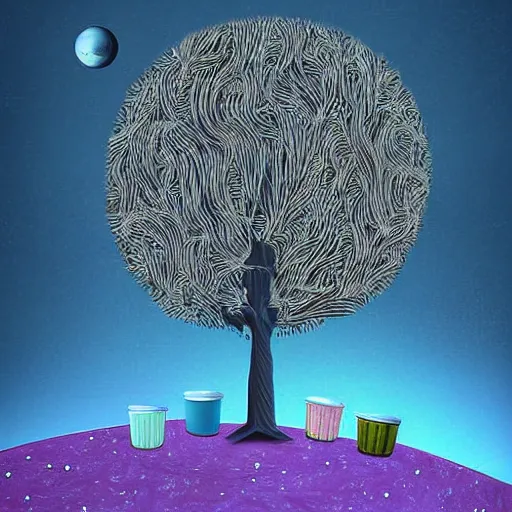 Image similar to a tree on the moon, around the tree are book reading worms and cups, digital art, very detailed