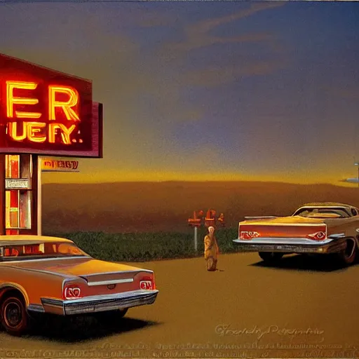 Image similar to a roadside diner open since the 7 0 s in ohio : with free coffee refills, daily specials, and a door you must never open, high quality high detail matte painting by david mattingly and norman rockwell and nc wyeth, hd, realistic, photorealistic lighting, composition and layout in the style of gregory crewdson, modern supernatural horror.