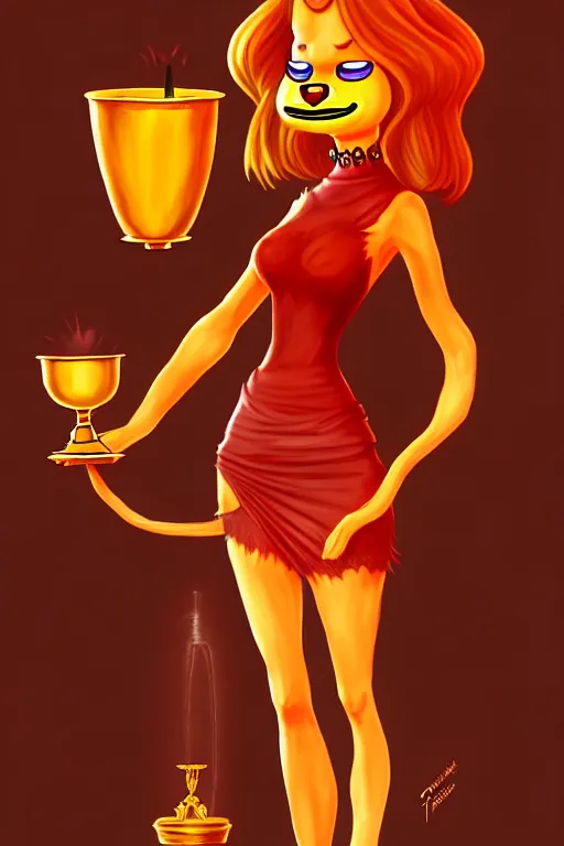 Image similar to fullbody!! personification of garfield the cat garfield goddess holding a blood chalice, stunning, cat face, professional character concept art by tatyana kupriyanova