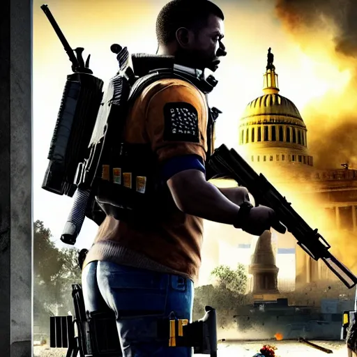 Prompt: the division 2 poster set in an apocalyptic los angeles, agent standing with a gun in the foreground, cinematic, 4 k