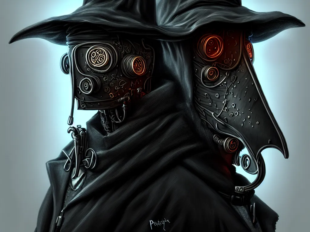 Image similar to portrait of a cyberpunk plague doctor, intricate, highly detailed, digital painting, artstation, concept art, smooth and sharp focus