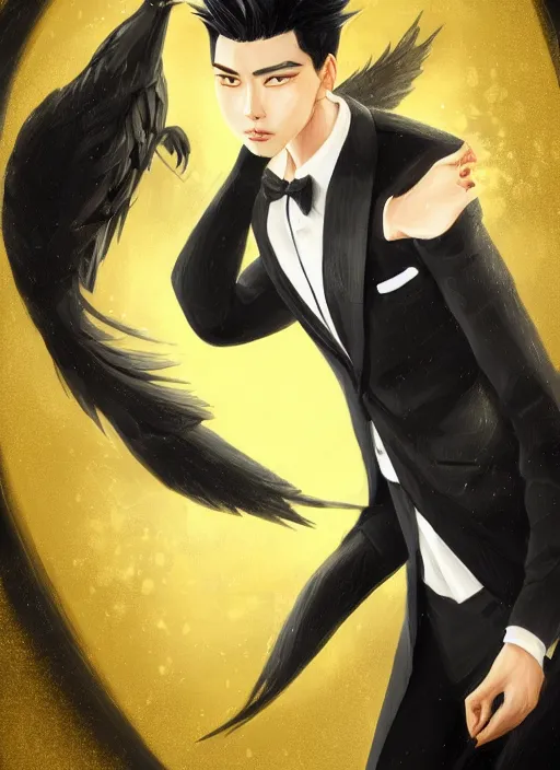 Image similar to a highly detailed illustration of young attractive black haired asian guy wearing black suit and tie with coattails, yellow eyes, dramatic elegant pose, strings background, intricate, elegant, highly detailed, centered, digital painting, artstation, concept art, smooth, sharp focus, league of legends concept art, wlop.