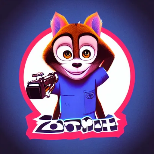 Image similar to “ logo of a upside down monkey in the style of zootopia holding laser gun, with a black background, digital art, award winning, trending on art station, retro style ”