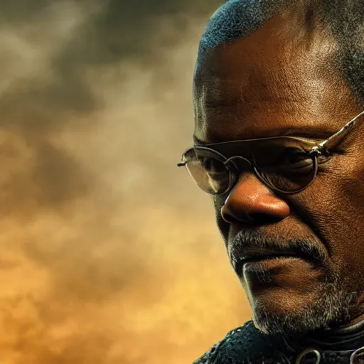 Prompt: a beautiful detailed 3 d matte samuel jackson in game of thrones, ominous, magical realism, texture, intricate, whirling smoke radiant colors, fantasy, volumetric lighting, high details