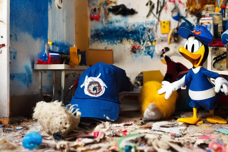 Image similar to donald duck hide in dark corner of dirty messy room, smiling, warm low light, dream core, horror