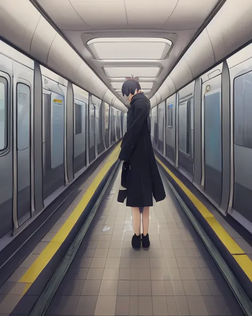 Prompt: a lonely girl riding the subway on her own, ambient lighting, full shot, detailed face, 3 d shading, by makoto shinkai, stanley artgerm lau, wlop, rossdraws