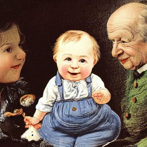 Image similar to candid portrait of baby faced white ball smiling wide, surrounded by clouds, illustrated by peggy fortnum and beatrix potter and sir john tenniel