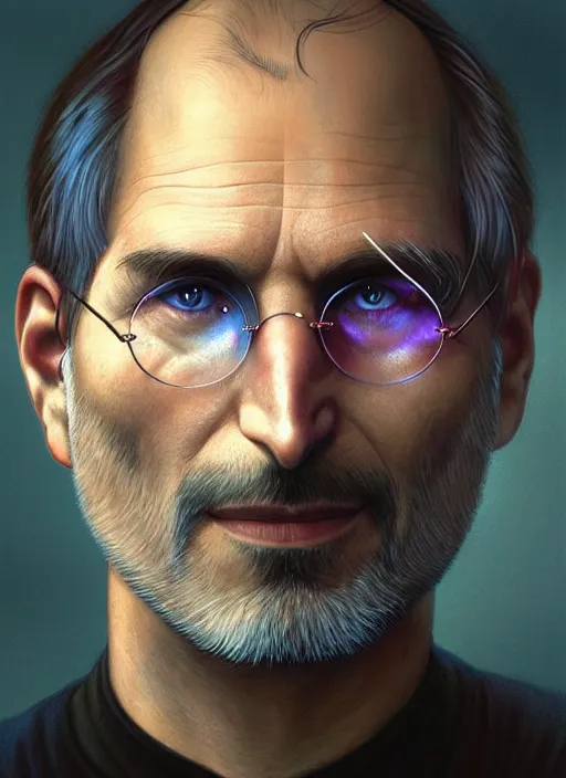 Image similar to Portrait of Steve Jobs, red glowing eyes, blue shaggy hair, male, fantasy,, extremely detailed, digital painting, artstation, concept art, smooth, sharp focus, illustration, stunning lighting, art by artgerm and greg rutkowski and alphonse mucha and simon stalenhag, realistic character concept, high fantasy, light atmosphere, golden ratio, cinematic lighting, hyperdetailed, high resolution, insanely detailed and intricate, face enhance, Marc Simonetti, Greg Rutkowski, 8k