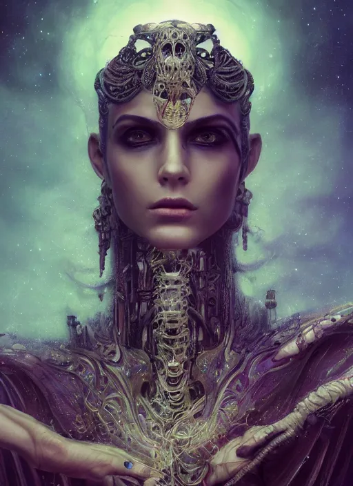 Image similar to epic portrait of menacing and anxious yet stunningly beautiful biomechanical djinn overseeing the iridescent fabric of time and space, by charlie bowater, mandy jurgens, gustav klimt, octane render, dramatic camera angle, 4k, 8k, high detail, HDR, by tom bagshaw, powerful, with inspiration from Beksinski, inspired by greek goddess Athena