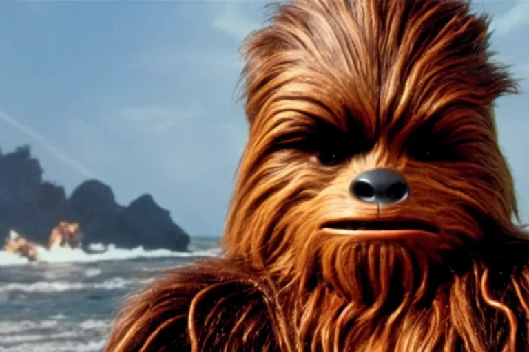 Image similar to A high quality movie still from the film Goonies, starring Chewbacca