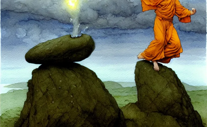 Prompt: a hyperrealist watercolour concept art of a monk levitating a huge rock over his head. it is a misty night on the moors of ireland. by rebecca guay, michael kaluta, charles vess and jean moebius giraud