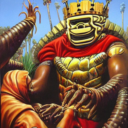 Image similar to beautiful lifelike painting of mf doom as king ghidora being taken to your leader, hyperreal detailed facial features and uv lighting, art by ed roth and basil wolverton