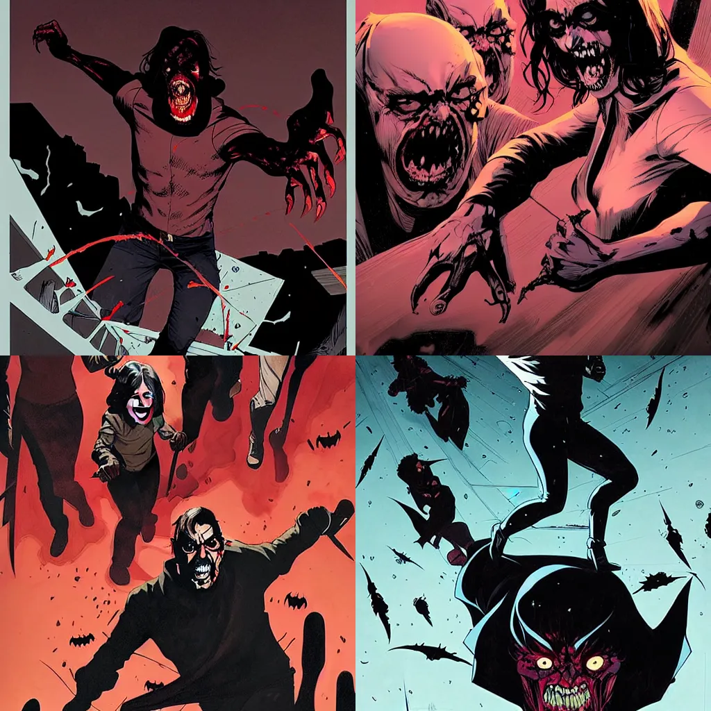 Prompt: Rafael Albuquerque comic art, Joshua Middleton comic art:: action shot of scary vampires red eyes attacking and eating people, open mouths sharp teeth, long sharp fingers long nails:: horror, grotesque, fighting aggression, battle:: snow, overhead shot downward angle, people screaming and running, small town