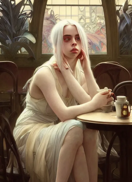 Image similar to Billie Eilish, sitting in a cafe, fantasy, intricate, elegant, highly detailed, digital painting, pale skin, artstation, concept art, matte, sharp focus, illustration, art by Artgerm and Greg Rutkowski and Alphonse Mucha