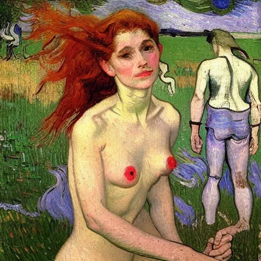 Prompt: A body art. A rip in spacetime. Did this device in her hand open a portal to another dimension or reality?! by Jules Bastien-Lepage, by Vincent Van Gogh curvaceous