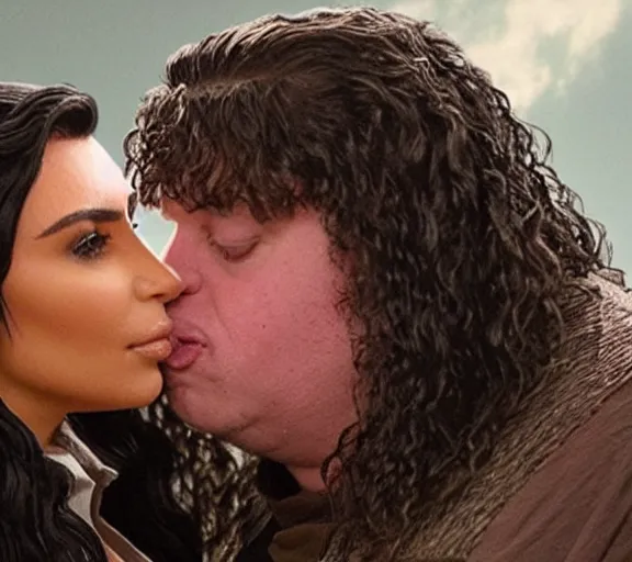 Image similar to a movie still of kim kardashian kissing hagrid in the movie harry potter