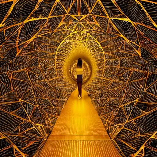 Image similar to vivid illustration of a person choosing between tunnels inside a highly intricate torus with detailed golden ornamentation and golden light, choosing between pathways