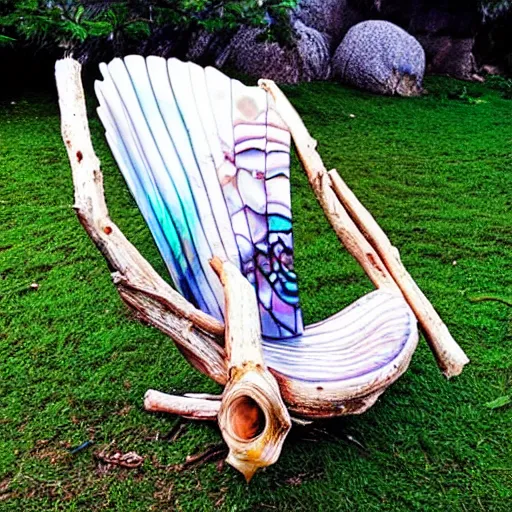 Image similar to “beach chair made of large abalone shell, driftwood, 35 mm product photo”