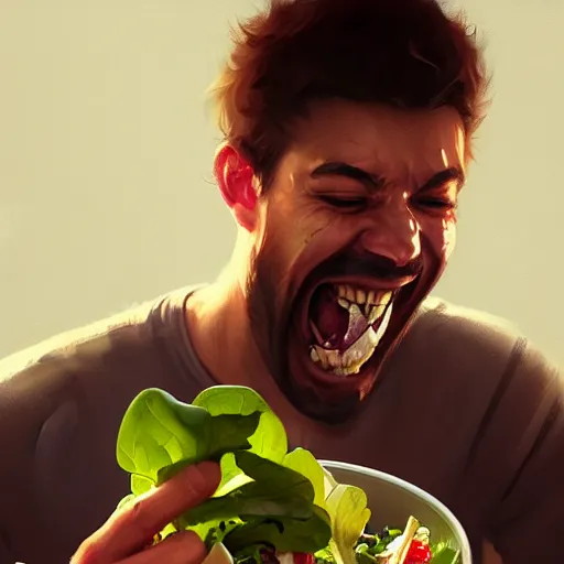 Image similar to an illustration of a young man eating salad and laughing,hyperdetailed,detailed face,art by greg rutkowski,trevor henderson,artstation,deviantart