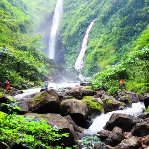 Prompt: camping in epic Taiwan valley by the big waterfalls and stream