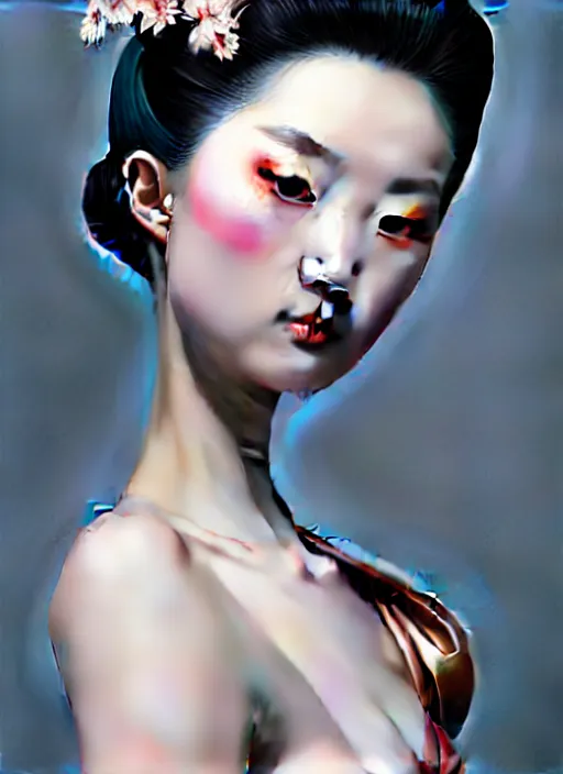 Image similar to organic seductive Geisha, pearlescent skin, diffuse lighting, fantasy, intricate, elegant pose, highly detailed, lifelike, photorealistic, digital painting, artstation, illustration, concept art, different point of view, smooth, sharp focus, art by John Collier and Albert Aublet and Leonardo da vinci and Moebius and Krenz Cushart