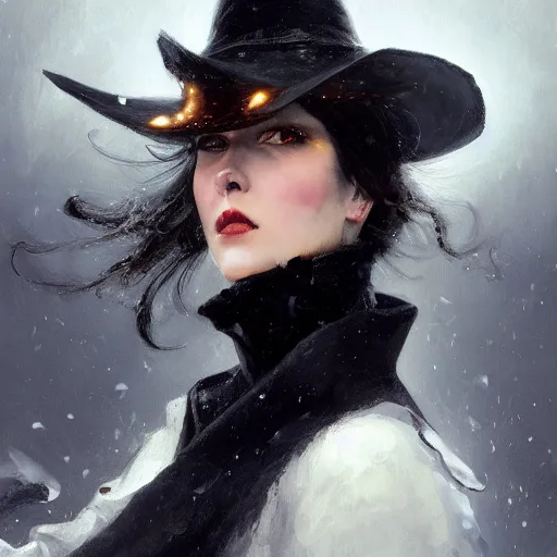 Image similar to furious dark haired women, wearing black coat, black makeup, ice mage, shooting ice, oil painting, by karl spitzweg, fantasy artwork, fantastic artwork, 4 k, trending on artstation