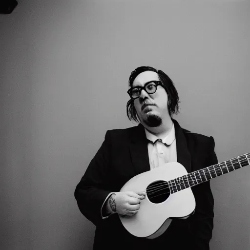 Prompt: John Flansburgh on guitar, Los Angeles, 2019. CineStill, monochrome.