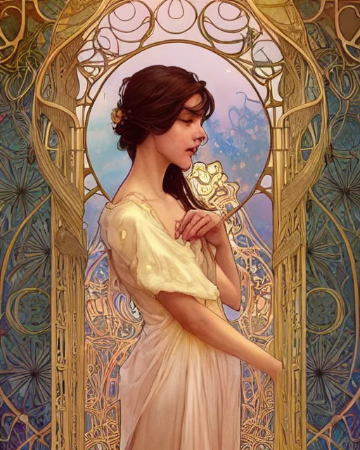 Image similar to secret romance, highly detailed, very intricate, art nouveau, gold filigree, romantic storybook fantasy, soft cinematic lighting, award - winning, disney concept art watercolor illustration by mandy jurgens and alphonse mucha and alena aenami, pastel color palette, featured on artstation