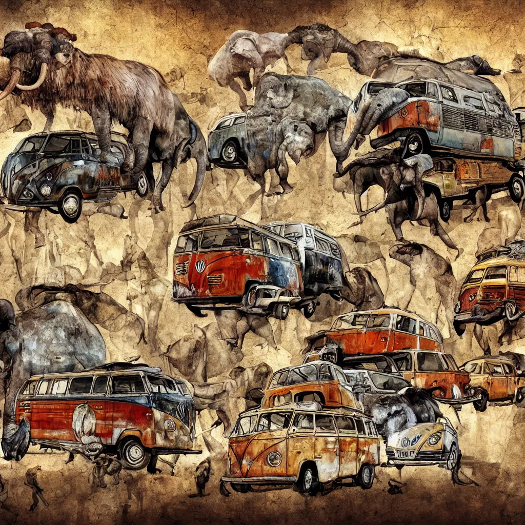 Prompt: prehistorical fresco of vw buses and mammoths, cave wall, spotlight, hard light, finger painting