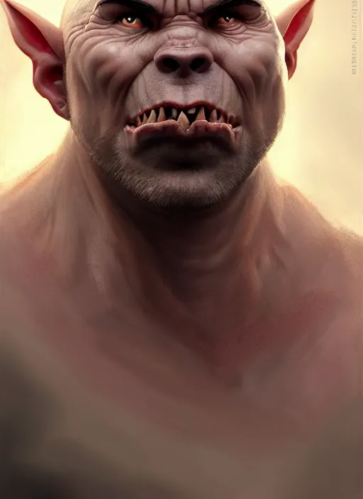 Image similar to portrait of karl pilkington as an orc, d & d, muscular! fantasy, intricate, elegant, highly detailed, digital painting, artstation, concept art, smooth, sharp focus, illustration, art by artgerm and greg rutkowski and alphonse mucha