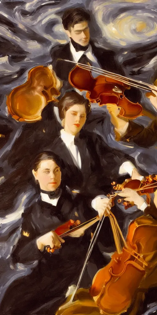 Prompt: painting in the style of john singer sargent of titantic house band playing tiny violins as the ship sinks and artificial intelligence engulfs our subconscious, highly detailed, 8k