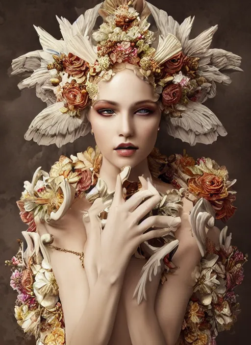 Image similar to expressive full body photo of a female model as beautiful angel, ornate headpiece made from flowers, ivory, ornaments, glamour shot, by karol bak, by stefan gesell, octane render, unreal engine, photorealistic, canon r 3, fashion photography, studio shot, environmental portrait, dark fantasy, dark beauty, magazine