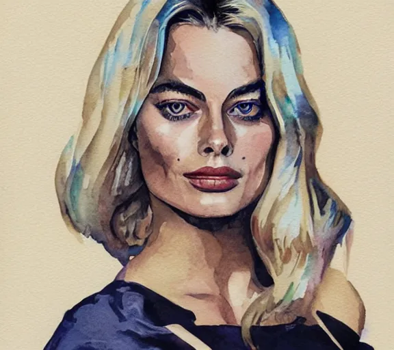 Prompt: A portrait of margot robbie made out of watercolor, trending on artstation