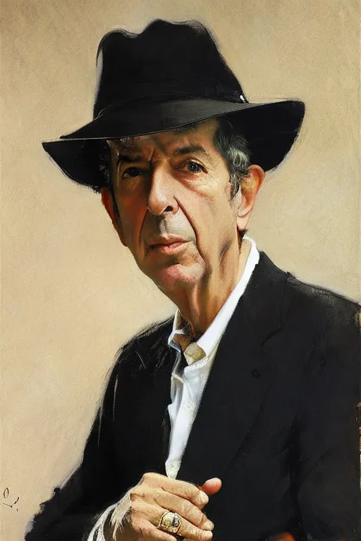 Prompt: Leonard Cohen, wearing a trilby hat, portrait by John Singer Sargent, Frank McCarthy, Robert McGinnis, norman Rockwell